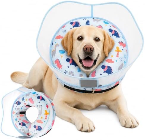 Inflatable Dog Cone Collar for Large Medium Small Dogs, Soft Dog Donut Collar Adjustable Recovery Cone for Pets After Surgery, Extra Enhanced Anti-Licking Guard Shield (Dinosaur, Medium Plus) by Mariyago