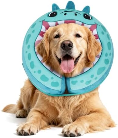 IEUUMLER Inflatable Recovery Dog Collar, Protective Donut Cone, Adjustable Soft Collar for Dog and Cat After Surgery Prevent from Biting & Scratching EU002 - Teal Dinosaur L+ by IEUUMLER