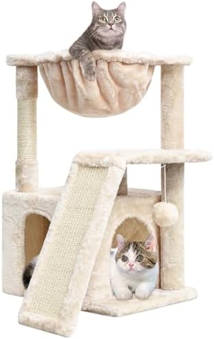SYANDLVY Cat Tree for Indoor Cats Large Adults, Modern Activity Tower with Scratching Posts & Board, Condo with Plush Perch, Climbing Stand with Cradle & Hanging Ball for Play, Beige by SYANDLVY