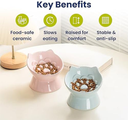PawsPik Lynx Ceramic Raised Slow Dog & Cat Elevated Food Bowl, Quartz Pink - Image 2