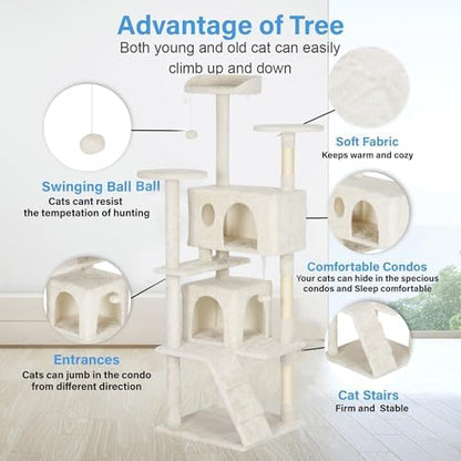 FDW | 62" Cat Tree Tower | Beige | Multi-Level Indoor Activity Center - Image 5