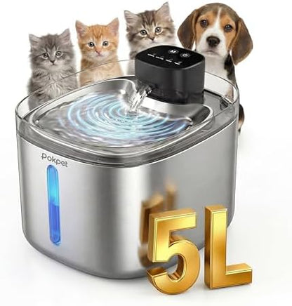 5L Cat Dog Water Fountain,Stainless Wireless Fountain by pokpet