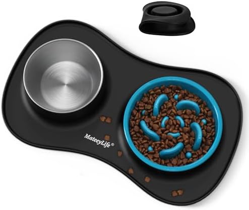 MateeyLife Dog Food and Water Bowl Set 3 in 1, Slow Feeder Dog Bowls & Stainless Steel Water Bowl with Non-Spill Silicone Mat, Cat and Puppy Bowls Pet Dishes for Small Medium Large Breed Anti-Choking by MateeyLife
