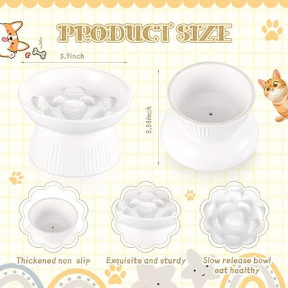 Layhit 2 Pack Raised Slow Feeder Cat Bowls Ceramic Elevated Cat Food Bowls Anti Vomiting Slow Feeder for Dog and Kitten for Dry and Wet Food(White) - Image 2