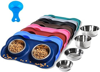 Hubulk Pet Dog Bowls 2 Stainless Steel Dog Bowl with No Spill Non-Skid Silicone Mat + Pet Food Scoop Water and Food Feeder Bowls for Feeding Small Medium Large Dogs Cats Puppies (Medium, Navy Blue) by Hubulk