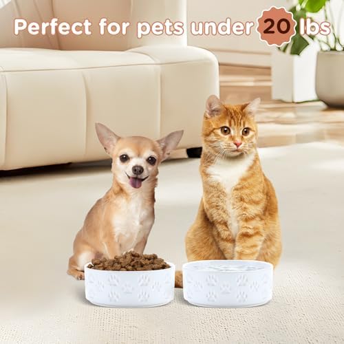 SPUNKYJUNKY Ceramic Dog and Cat Bowls 2 Pack, 5.1'' Dog and Cat Food Water Double Feeding Bowls Non-Slip for Cats and Puppy Small Sized Breed Dogs Microwave Dishwasher Safe - 13.5 OZ, 2pcs, Paw White - Image 6