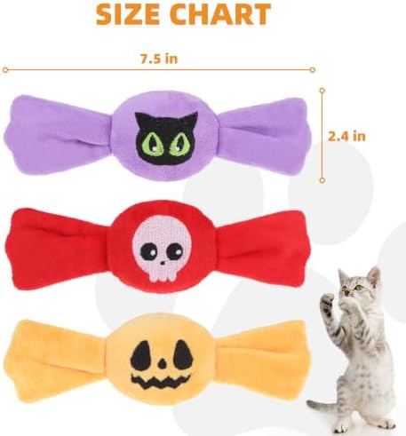 KOOLTAIL 3 Pack Halloween Catnip Toys, Candy Shaped Filled Plush Crinkle Interactive Chew Toys with Spooky Pumpkin Skull Patterns for Indoor Cats Kittens, Boredom Relief Holiday Pet Play Gifts - Image 7