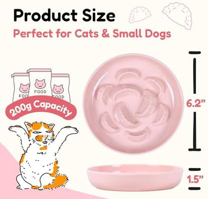 2 Pcs Cat Slow Feeder Bowl for Dry & Wet Food - Unbreakable Melamine Cat Food Plates for Slow Eating - Cute Kitten Bowl - Whisker Friendly & Dishwasher Safe & Non Slip Design (Blue + Pink) - Image 2