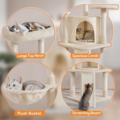 Yaheetech Cat Tree, 42in Play Tower for Indoor Cats, Kitten House with Large Perch & Scratching Posts & Cozy Condo & Scratching Ramp, Cat Furniture Activity Center, Beige - Image 4