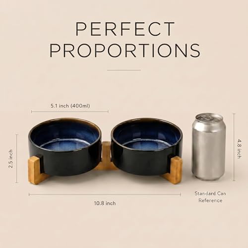 SPUNKYJUNKY Ceramic Dog and Cat Bowl Set with Wooden Stand, Modern Cute Weighted Food Water Set for Small Size Dogs (13.5OZ) & Medium Sized Dogs (28.7OZ) & Cats (1.7 Cups, 2 × Starry Blue) - Image 5