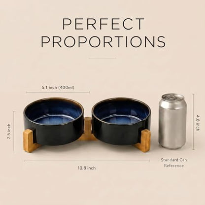 SPUNKYJUNKY Ceramic Dog and Cat Bowl Set with Wooden Stand, Modern Cute Weighted Food Water Set for Small Size Dogs (13.5OZ) & Medium Sized Dogs (28.7OZ) & Cats (1.7 Cups, 2 × Starry Blue) - Image 5
