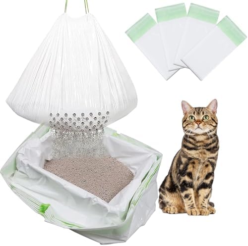 28 Count Cat Litter Box Liners with Holes, Cleaning Supplies with Durable Drawstring, Heavy Duty Self-Cleaning Cat Litter Bags, Thick Scratch Resistant (28) by Unknown