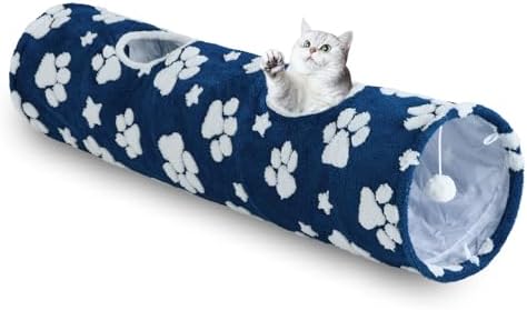 Straight Cat Tunnel for Indoor Cats 47"x12", Blue Paw by Yaning