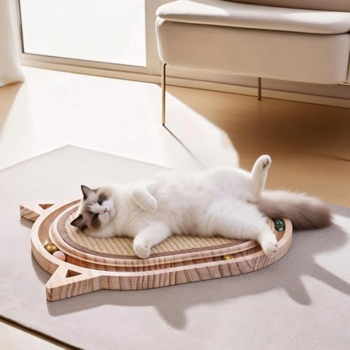 Cat Scratcher Sisal Scratching Pad Toy with Ball Track Wooden Interactive for Indoor Physical Exercise Kitty Medium Kitten Spring Chasing Hunting Mental Bored Adult Enrichment Toys Post by SANTIYIS