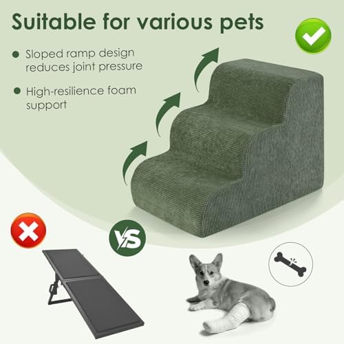 Dog Stairs, 15" H 3 Steps Dog Ramp for Couch Bed Non-Slip Pet Stairs for Cats Puppy Senior Injured Dogs, High-Density Foam Up to 50 Lbs, Washable Cover, Green - Image 5
