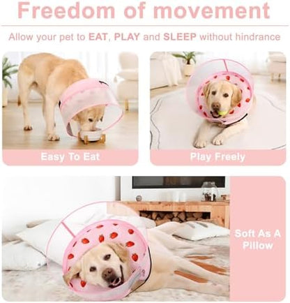 Inflatable Dog Cone Collar for Large Medium Small Dogs, Soft Dog Donut Collar Adjustable Recovery Cone for Pets After Surgery, Extra Enhanced Anti-Licking Guard Shield (Strawberry Print, Medium) - Image 2