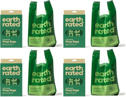 Earth Rated Dog Poop Bags with Handles, Extra Wide, Easy Tie and Guaranteed Leakproof, Unscented, 120 Handle Bags (Pack of 4) by EarthRated