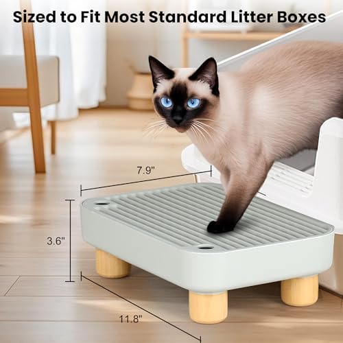 Litter Box Step, Litter Box Ramp/Catcher with Wooden Base, Anti-Tracking & Easy to Clean, Ideal for Small & Elderly Cats 11.8"x7.9"x3.6" (Gray) - Image 2