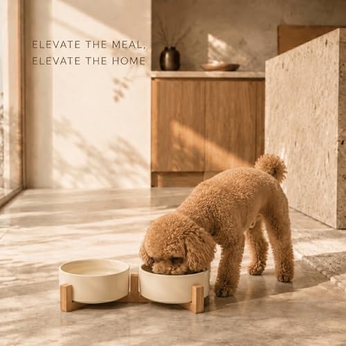 SPUNKYJUNKY Ceramic Dog and Cat Bowl Set with Wooden Stand, Modern Cute Weighted Food Water Set for Small Size Dogs (13.5OZ) & Medium Sized Dogs (28.7OZ) & Cats (1.7 Cups, 2 × Beige) - Image 2