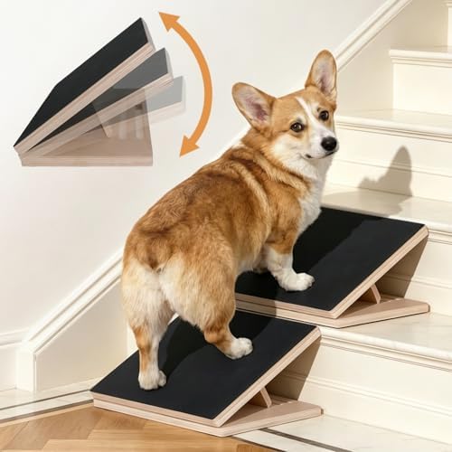 2-Pack Wood Dog Ramp for Stairs with Anti-Slip Rubber Mat, Adjustable Height Wooden Stair Wedges for Puppies Going Up and Down Stairs, Elderly Dog Stair Assist, Dog Door Ramp by Mousterian