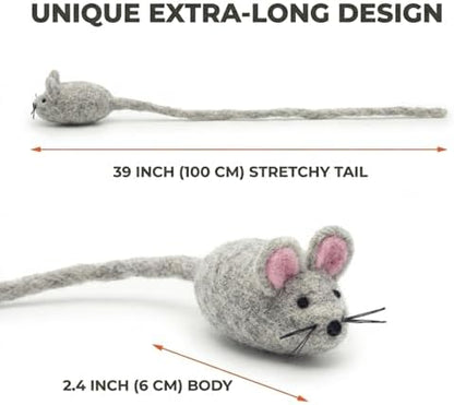 Glaciart One Felt Mouse Cat Toy – Soft Fuzzy Enrichment 100% Natural Wool - Interactive Catnip Play Cat Toy Set - Safe for Pets, Non-AZO Colored Dyes - 42” Long - Image 2