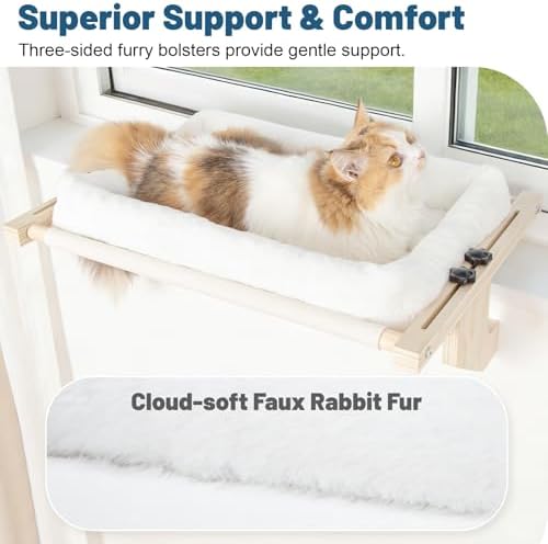 Cat Sill Window Perch - 100% Natural Pine Frame, Soft Plush Fleece, Tool-Free Adjustment, Supports 50 lbs (Large-White) - Image 2