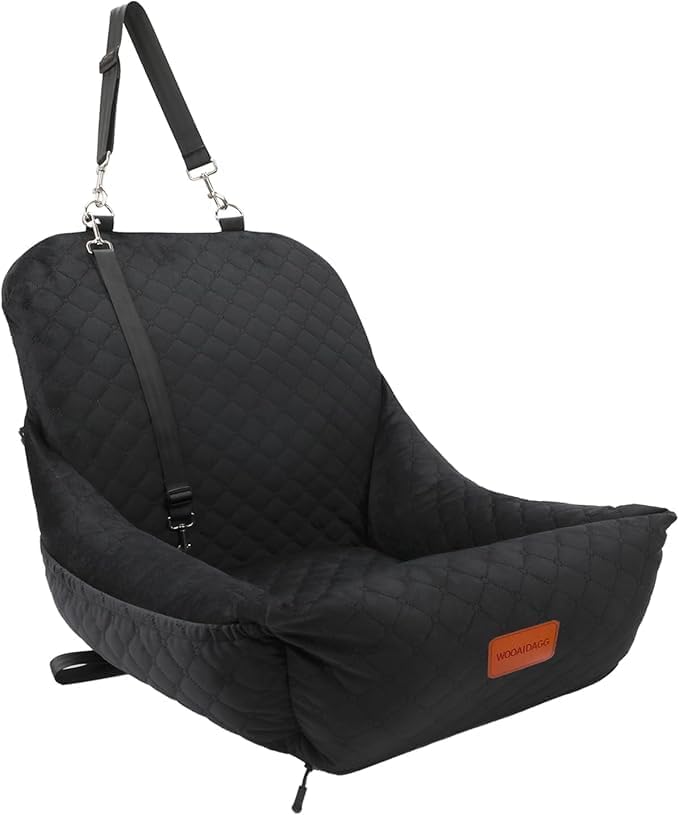 Wooaidagg Dog Car Seat for Small Dogs Up to 25 lbs,Covered Ultra-Soft Fabric and Fill in Memory Foam,Fully Detachable and Washable,2 Clip-On Safety Leashes and Storage Pockets(Black)