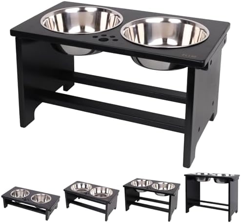 HTB Elevated Dog Bowl Stand with 2 Stainless Steel Bowls-10 H Large Black by HTB