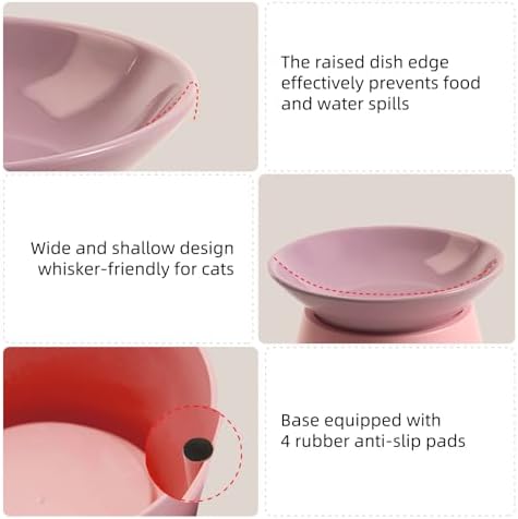 MS!MAKE SURE Cat Food Bowls Elevated - Ceramic Cat Water Bowls Whisker Friendly with Stand Tilted Non Slip Flat Detachable Anti Vomiting for Indoor Cats Pink Purple - Image 3