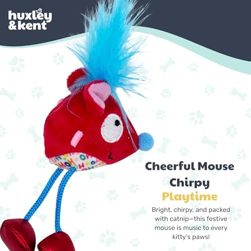 Huxley & Kent Chirpy Plush Cat Toy - Holiday Interactive Catnip Toy with Touch Activated Sounds - Soft with Crinkle & Catnip - Fun Indoor Play - Cheerful Mouse Chirpy - Image 2