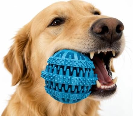 Rubber Dog Chew Toy Ball, Blue and Yellow, Bite-Resistant, Interactive Teeth Cleaning, Hidden Food Treat Dispenser for Dogs (Blue) by Unknown