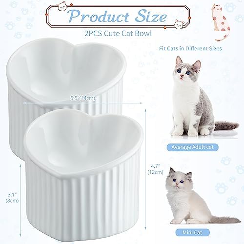 Mumufy 2 Pcs Ceramic Elevated Cat Bowls Tilted Elevated Raised Pet Bowls Anti Vomit Cat Dish for Indoor Stress Free Water Dish Feeder for Puppies, Heart Shaped(Pearly White) - Image 2