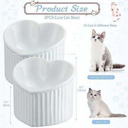 Mumufy 2 Pcs Ceramic Elevated Cat Bowls Tilted Elevated Raised Pet Bowls Anti Vomit Cat Dish for Indoor Stress Free Water Dish Feeder for Puppies, Heart Shaped(Pearly White) - Image 2