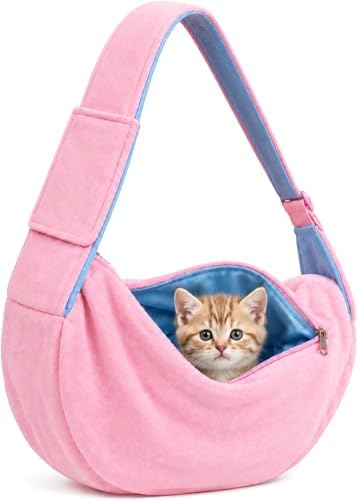 Cat Sling Carrier for Cats and Kittens, Soft Fleece Pet Sling Carrier Bag with Adjustable Shoulder Strap, Hands-Free Puppy and Small Dog Carrier Sling Travel Pouch for Small Pets Under 10 lbs, Pink by TheconnectionbetweenAnimalandusitsMEOWWOOF