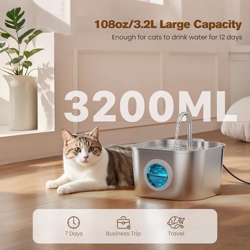 Stainless Steel Cat Water Fountain: 108oz/3.2L Pet Fountains for Drinking - Image 5