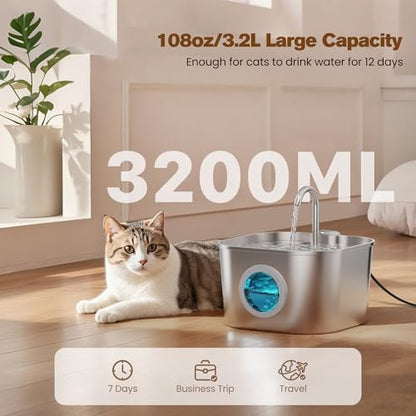 Stainless Steel Cat Water Fountain: 108oz/3.2L Pet Fountains for Drinking - Image 5