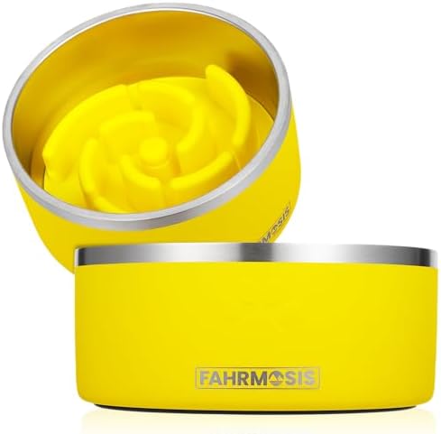 FAHRMOSIS 64 OZ Dog Bowl with Slow Feeder Insert Stainless Steel Pet Water Bowl for Medium & Large Breed Non Slip Rubber Base & Plastic Puzzle Feeder - Yellow by Fahrmosis