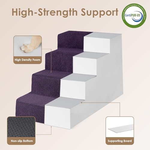EHEYCIGA Dog Stairs for Bed 20" H, 4-Step Extra Wide Dog Steps, Purple - Image 3