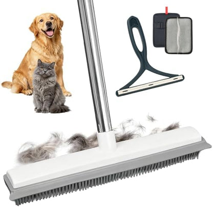 Carpet Rake for Pet Hair Removal, Adjustable Rubber Broom with Squeegee, 4-Piece Pet Hair Remover Kit with Gloves & Scraper for Dog & Cat Hair, Rugs, Couch, Car Seats by Unknown