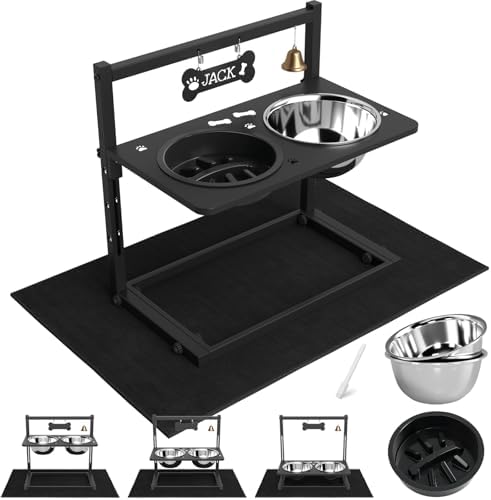Elevated Dog Bowls with Slow Feeder and Spill Proof Mat, Adjustable Height 4.3-11.8'', Two 1.7L Stainless Steel Food & Water Bowls, Metal Raised Dog Bowl Stand, for Large Medium Breeds by SHAINFUN