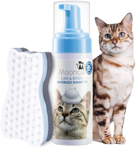 Mooncat Waterless Cat Shampoo + 2-in-1 Cat Bath Brush Set, No Rinse Dry Foam Bath for Short Hair Cats & Kittens, SGS-Tested Lick-Safe, Veterinarian Approved & pH-Balanced, Brush, 5 oz by Mooncat