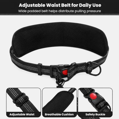 Hands Free Double Dog Leash, 4 Reflective Padded Handles, Adjustable Waist Belt 27-51", Shock-Absorbing Bungee, 360° Swivel Clips, for Small, Medium & Large Dogs, Walking Jogging Running - Image 6
