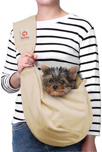 Tomkas Small Dog Sling Carrier - Zipper Pocket & Adjustable Strap - for 3-10 lbs Pets(Cream) by TomkasFORTHELOVEOFPALS