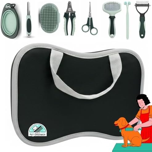 PetsBuzz 8 in 1 Pet Grooming Kit Brush, Cat Dog Grooming Kits at Home, Nail Clipper and File, Self Cleaning Deshedding Pet Brush,Undercoat Rake Detangler, Toothbrush, Collapsible dog Bowl by PetsBuzz%C2%AE