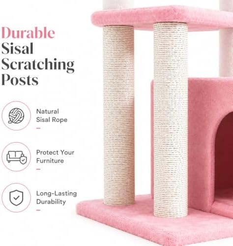 Small Cat Tree Tower for Indoor Cats, 33 Inches Multi-Level Cat Condo with Scratching Posts, Large Perch, Hanging Toy for Large Adult Cats, Pink - Image 5