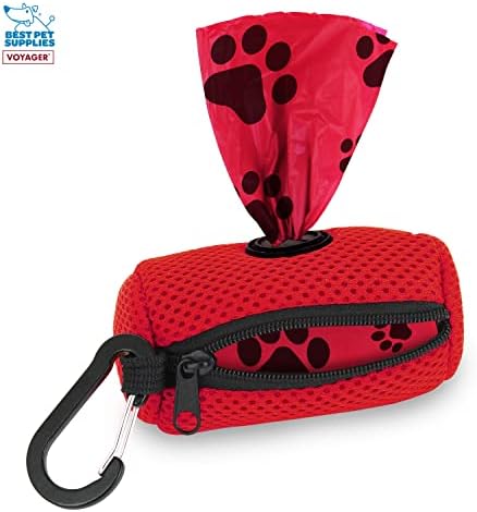 Best Pet Supplies Dog Poop Bag Holder Leash Attachment with Reusable Dispenser for Travel, Walking, Park, and Outdoor Use, Durable with Clip-On - Red, Mesh Dispenser w/15 Bags - Image 2
