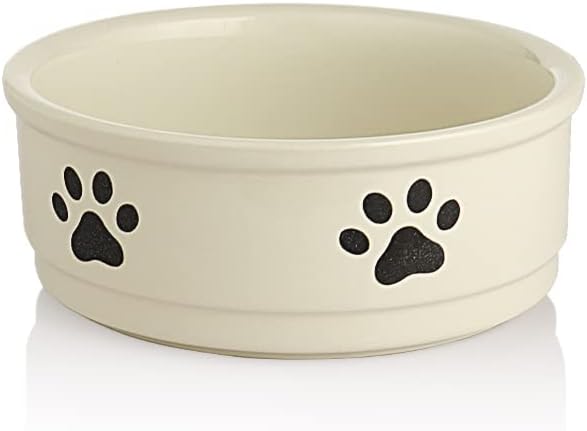 Sweejar Ceramic Dog Bowls with Paw Pattern, Dog Food Dish for Small Dogs, Porcelain Pet Bowl for Water 16 Fl Oz (Beige)