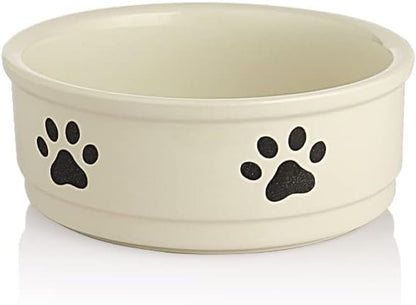 Sweejar Ceramic Dog Bowls with Paw Pattern, Dog Food Dish for Small Dogs, Porcelain Pet Bowl for Water 16 Fl Oz (Beige)