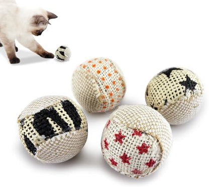 TTcat Canvas Burlap Cat Toy Balls, 4 Pack Natural Woven Linen Cat Play Balls, Durable Textured Kitten Chew Chase Toys, Lightweight Interactive Cat Ball Toys for Indoor Kittens & Cats. by TTCAT