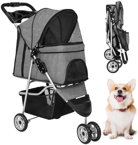 FDW 3 Wheels Pet Stroller Folding Dog Cat Jogger Stroller with Storage Basket &Cup Holder Portable Lightweight Travel Carrier, Grey by FDW